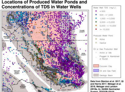 A color coded map that displays locations of water ponds and concentrations of TDS in Water Wells