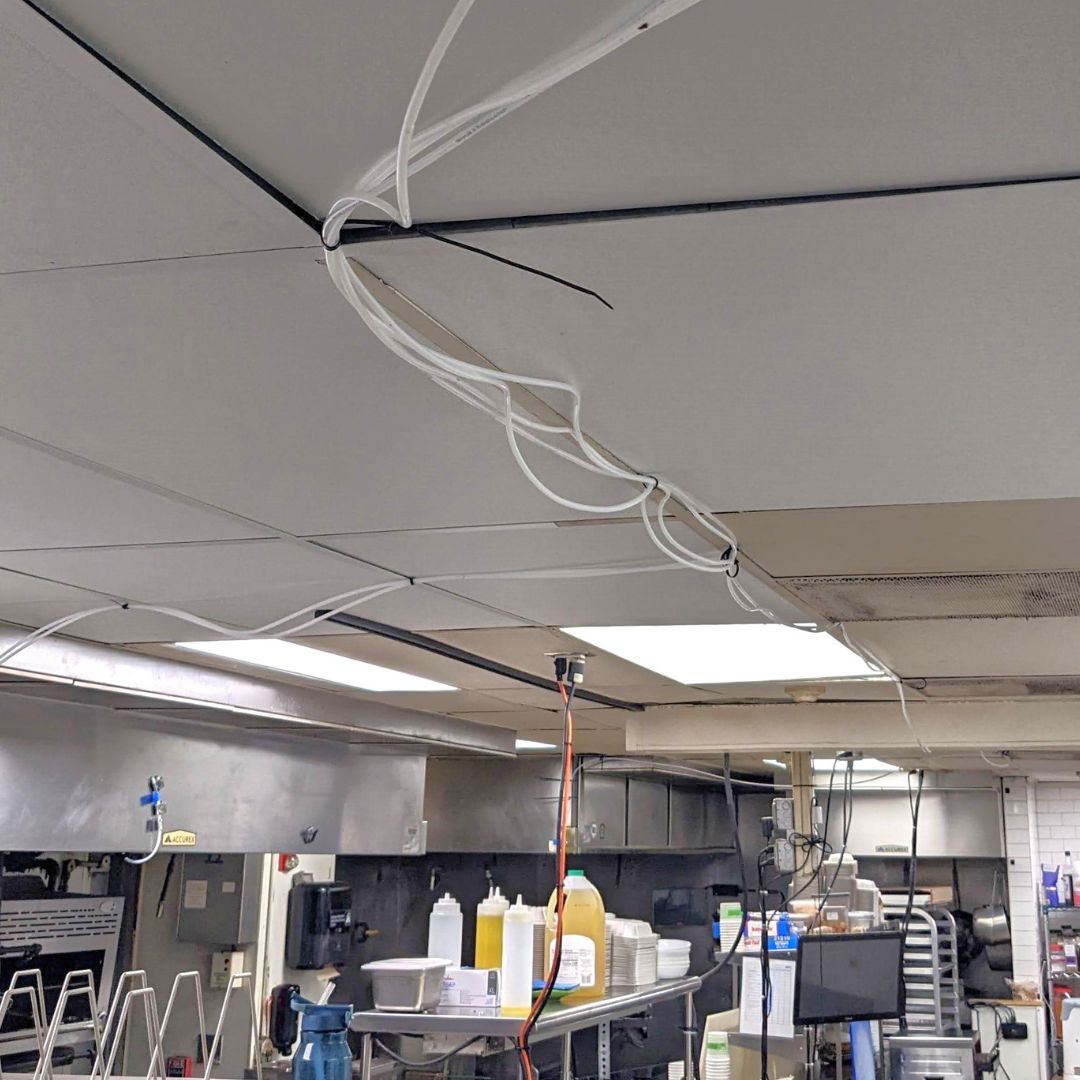 Image of plastic hosing secured to the ceiling of a kitchen.