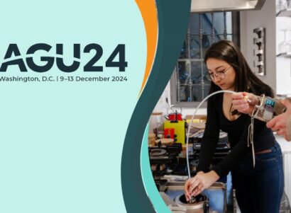 Image of the AGU conference logo for 2024 and two scientists taking samples of gas